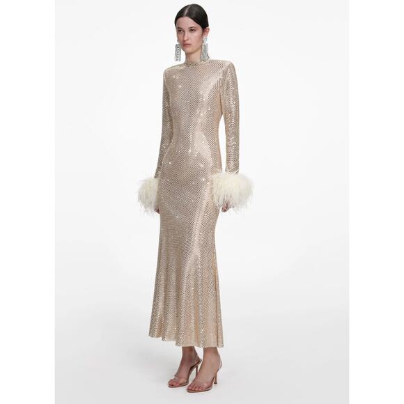 Self-Portrait Champagne Rhinestone Feather Midi Dress US 2 - Picture 2 of 10